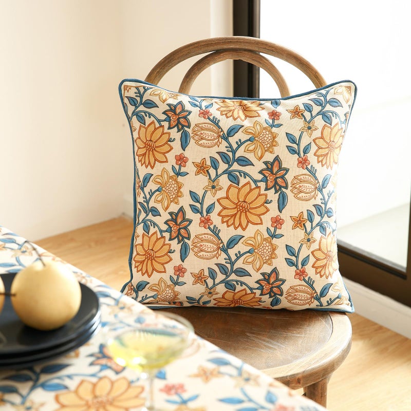 ISAENNE Design Square Simple Elegant Linen Throw Pillow Covers 18"x18" Pack of 2, Blue Yellow Floral Pattern Cushion Covers Decor Pillowcases for Bed,Living Room,Outdoor,Car - Image 2