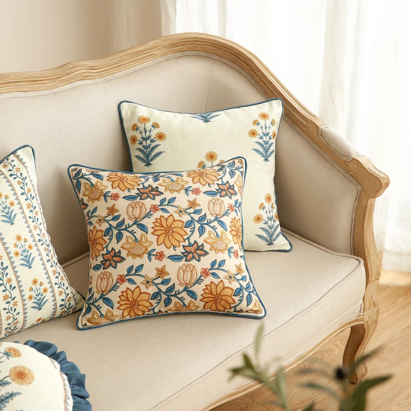 ISAENNE Design Square Simple Elegant Linen Throw Pillow Covers 18"x18" Pack of 2, Blue Yellow Floral Pattern Cushion Covers Decor Pillowcases for Bed,Living Room,Outdoor,Car - Image 5