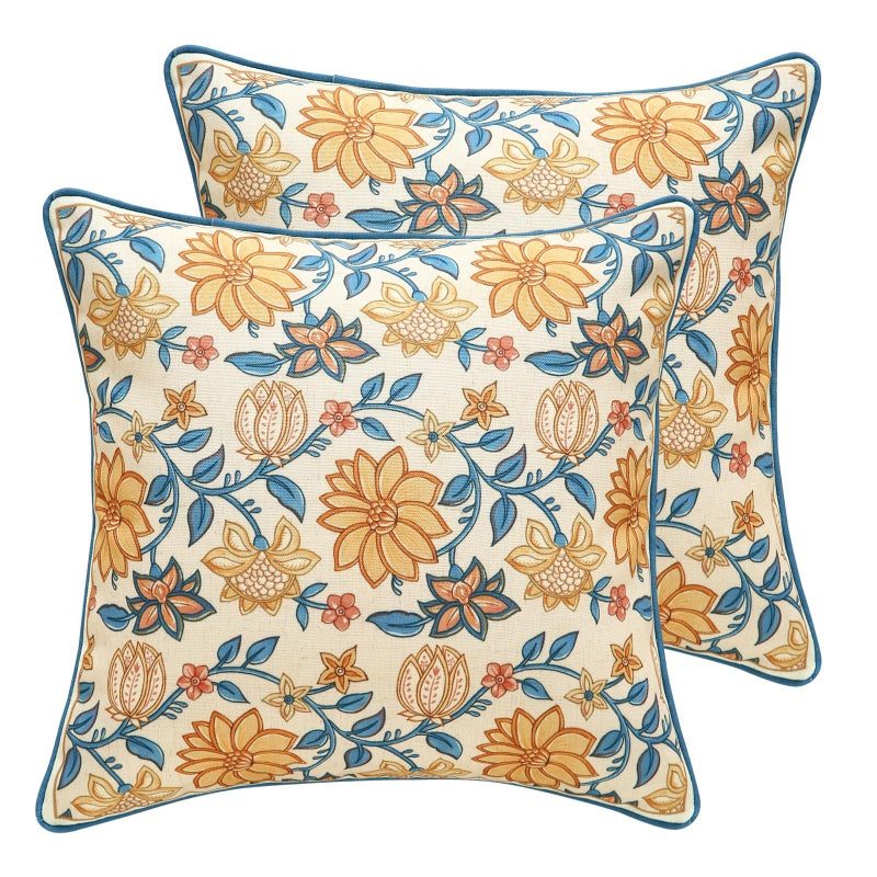 ISAENNE Design Square Simple Elegant Linen Throw Pillow Covers 18"x18" Pack of 2, Blue Yellow Floral Pattern Cushion Covers Decor Pillowcases for Bed,Living Room,Outdoor,Car - Image 1