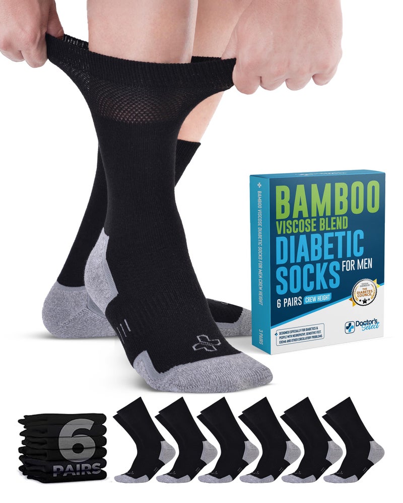 Doctor's Select Bamboo Viscose Black Diabetic Socks for Men - 6 Pairs Crew Stretch Top Mens Diabetic Socks | Moisture Wicking Diabetic Neuropathy Socks for Men | Black - Image 1