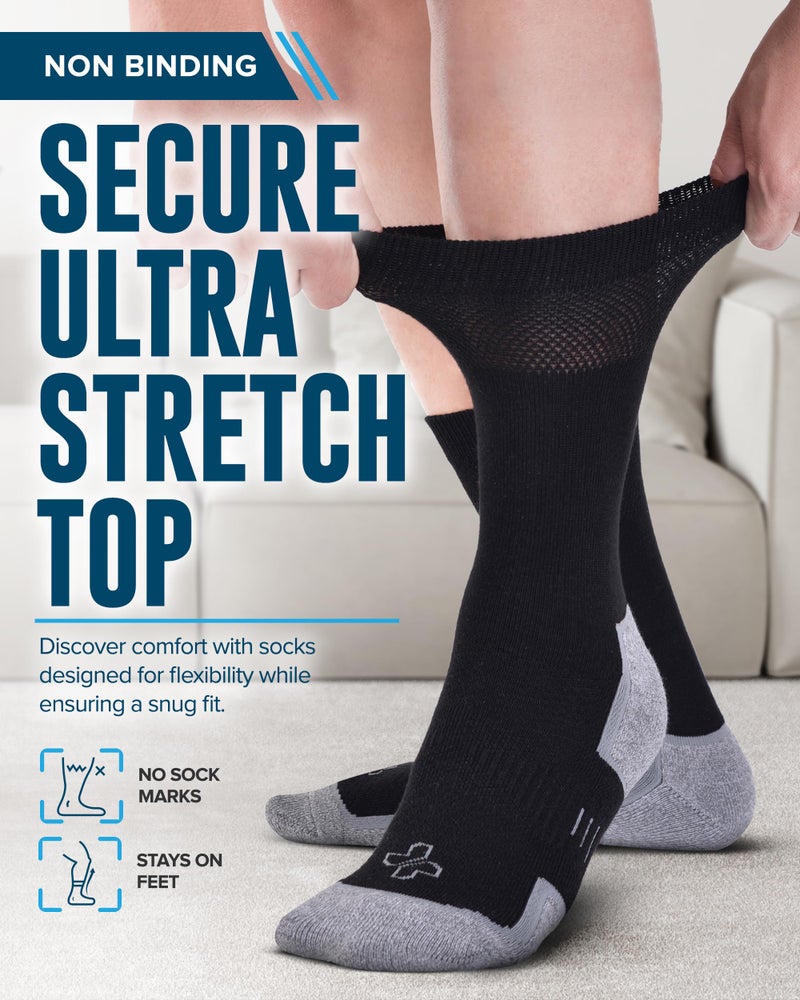 Doctor's Select Bamboo Viscose Black Diabetic Socks for Men - 6 Pairs Crew Stretch Top Mens Diabetic Socks | Moisture Wicking Diabetic Neuropathy Socks for Men | Black - Image 2