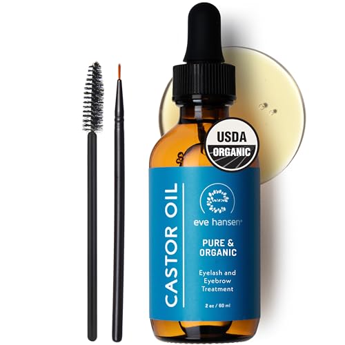 Eve Hansen Organic Castor Oil USDA Certified  Pure Carrier Oil for Eyelashes Eyebrows Hair and Skin with Applicator 2oz