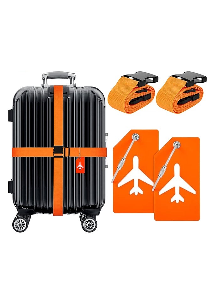 2 Luggage Straps & 2 Tags, Travel Adjustable Suitcase Straps Silicone Luggage Tags with Name ID Card Men Women Travel Accessories - Orange - Image 1