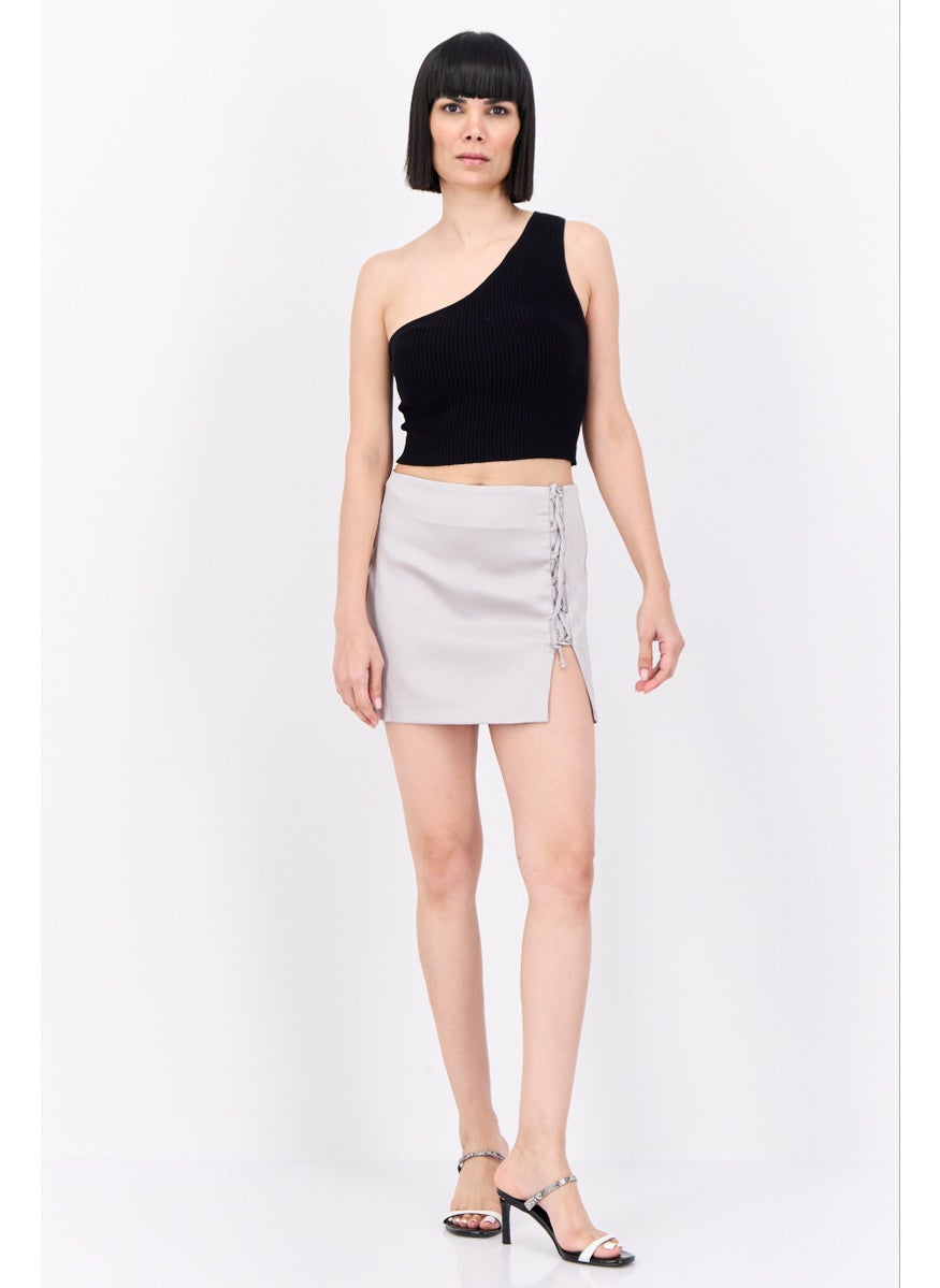 Bershka Women Solid Mini Skirt, Metallic Grey  - Image 4