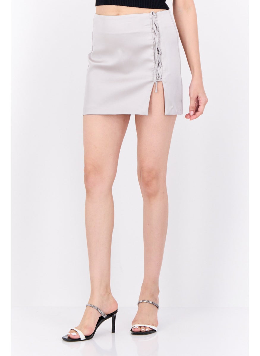 Bershka Women Solid Mini Skirt, Metallic Grey  - Image 1
