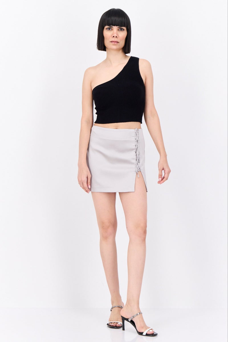Bershka Women Solid Mini Skirt, Metallic Grey - Image 4