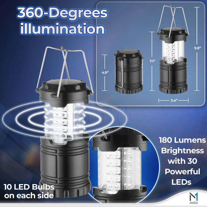 Mata1-USA LED Camping Lanterns (Black, 2 Pack), Emergency Lights for Power Outages, Long-Lasting Battery-Powered Lights w/ 3 Adjustable Brightness Levels, Collapsible Lamps for Indoor & Outdoor Use - Image 5