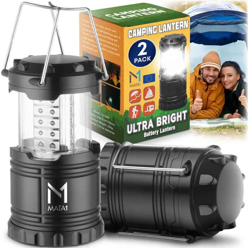 Mata1-USA LED Camping Lanterns (Black, 2 Pack), Emergency Lights for Power Outages, Long-Lasting Battery-Powered Lights w/ 3 Adjustable Brightness Levels, Collapsible Lamps for Indoor & Outdoor Use - Image 1
