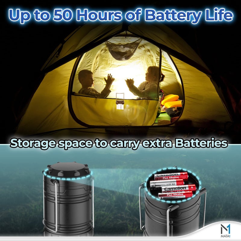 Mata1-USA LED Camping Lanterns (Black, 2 Pack), Emergency Lights for Power Outages, Long-Lasting Battery-Powered Lights w/ 3 Adjustable Brightness Levels, Collapsible Lamps for Indoor & Outdoor Use - Image 4