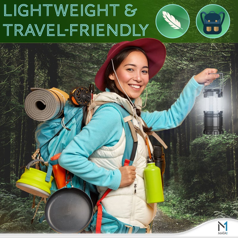 Mata1-USA LED Camping Lanterns (Black, 2 Pack), Emergency Lights for Power Outages, Long-Lasting Battery-Powered Lights w/ 3 Adjustable Brightness Levels, Collapsible Lamps for Indoor & Outdoor Use - Image 3