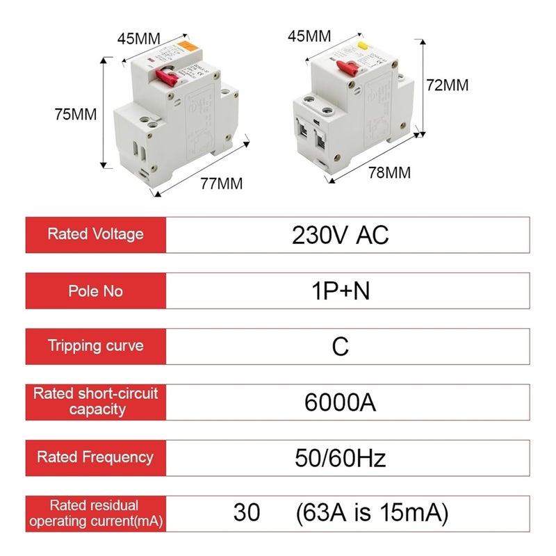 6A RCBO Circuit Breaker 1P N 230V Over Short Current Leakage Protection - Image 3