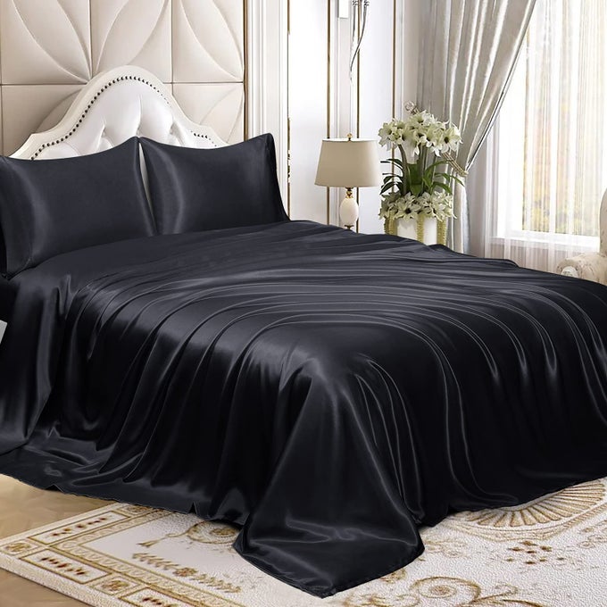 5PCS SATIN SPLIT KING SHEETS SETS FOR ADJUSTABLE BED LUXURY SILKY SATIN BEDDING SET WITH DEEP POCKET 2 FITTED SHEETS 1 FLAT SHEET 2 PILLOWCASES SPLIT KING SIZE BLACK