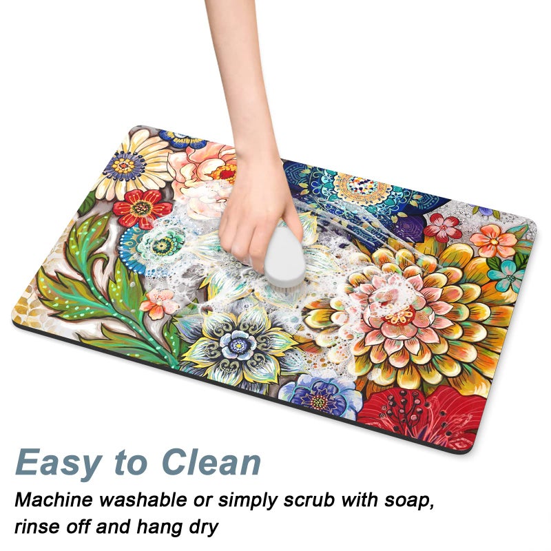 Rnivvi Coffee Mat, 16" x 24" Cute Flower Theme Coffee Bar Mats for Espresso Machine Station Accessories and Organizer, Hide Stain Rubber Backed Absorbent Dish Drying Pad for Kitchen Counter, Mandala - Image 5