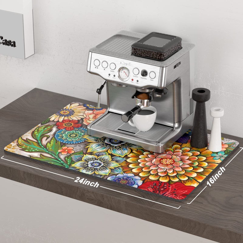 Rnivvi Coffee Mat, 16" x 24" Cute Flower Theme Coffee Bar Mats for Espresso Machine Station Accessories and Organizer, Hide Stain Rubber Backed Absorbent Dish Drying Pad for Kitchen Counter, Mandala - Image 2