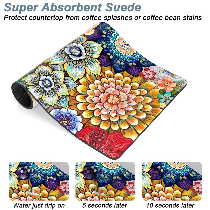 Rnivvi Coffee Mat, 16" x 24" Cute Flower Theme Coffee Bar Mats for Espresso Machine Station Accessories and Organizer, Hide Stain Rubber Backed Absorbent Dish Drying Pad for Kitchen Counter, Mandala - Image 3