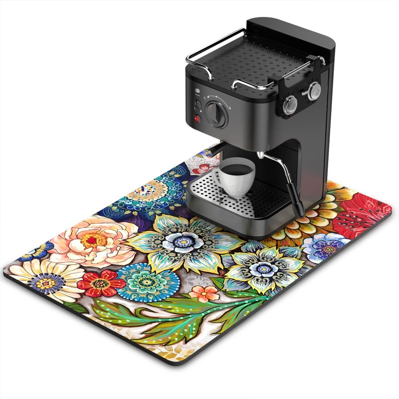 Rnivvi Coffee Mat, 16" x 24" Cute Flower Theme Coffee Bar Mats for Espresso Machine Station Accessories and Organizer, Hide Stain Rubber Backed Absorbent Dish Drying Pad for Kitchen Counter, Mandala - Image 1