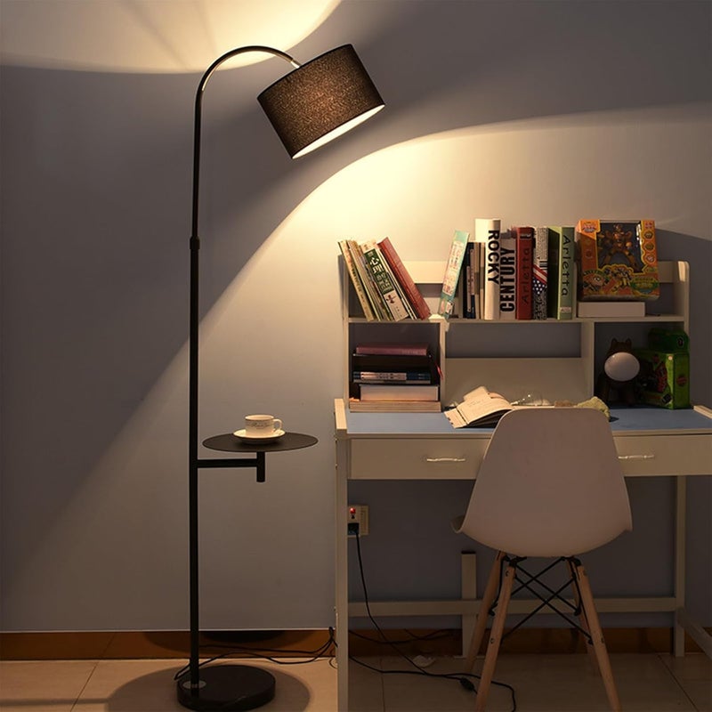 شاربدو مصباح أرضي مع أرفف طاولة، مصباح طاولة قهوة LED حديث إبداعي مع رف لغرفة المعيشة وغرفة النوم، مصباح عمودي قائم مع عاكس ضوء من القماش قابل للتعديل باللون الأسود - Image 1