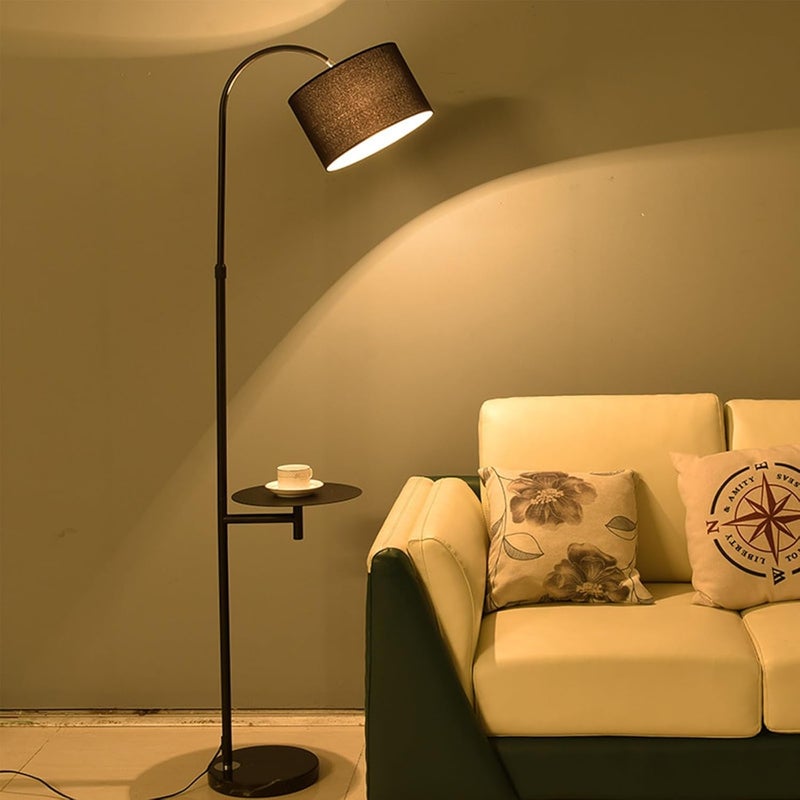 شاربدو مصباح أرضي مع أرفف طاولة، مصباح طاولة قهوة LED حديث إبداعي مع رف لغرفة المعيشة وغرفة النوم، مصباح عمودي قائم مع عاكس ضوء من القماش قابل للتعديل باللون الأسود - Image 3
