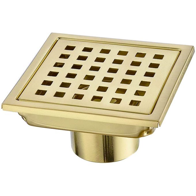 SQUARE SHOWER DRAIN 4 INCH FLOOR WASTE DRAIN POINT CENTER WITH REMOVABLE GRATE COVER 304 STAINLESS STEEL 11CM X 11CM PVD BRUSHED GOLD
