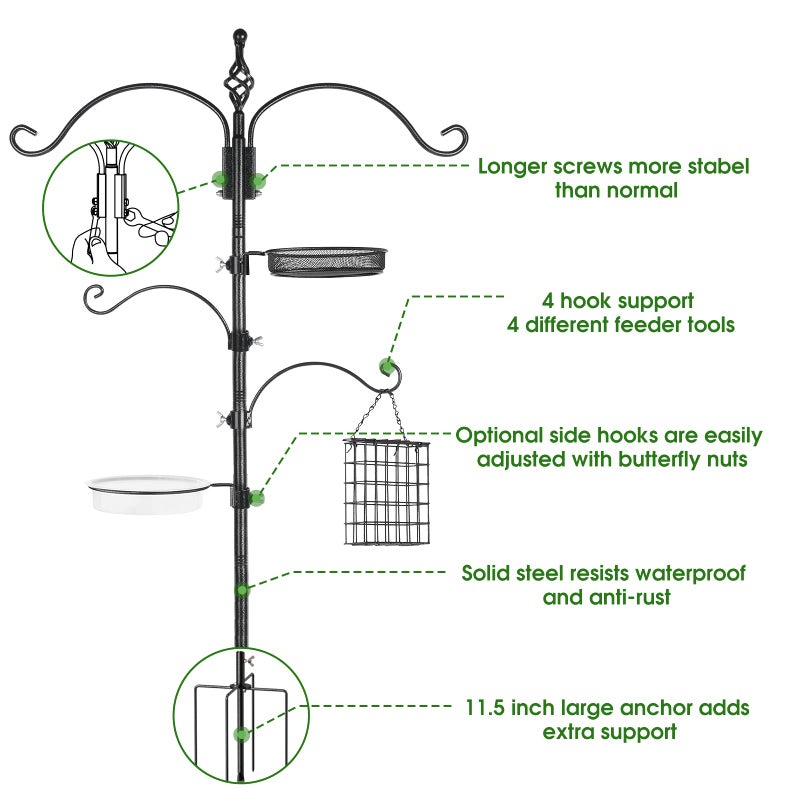 Highpro Bird Feeder Pole Wild Bird Feeder Hanging Kit Planter, 83 Inch Bird Feeding Station Kit with 5 Prongs Base Hummingbird Feeder Stand Hook for Outside - Image 4