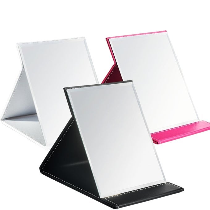 3 PACK PORTABLE FOLDING MAKEUP MIRROR WITH STAND 8X6 INCHES PU LEATHER TRAVEL VANITY MIRROR ADJUSTABLE OFFICE TABLETOP MIRROR FOR COSMETICS PERSONAL BEAUTY ASSORTED COLORS