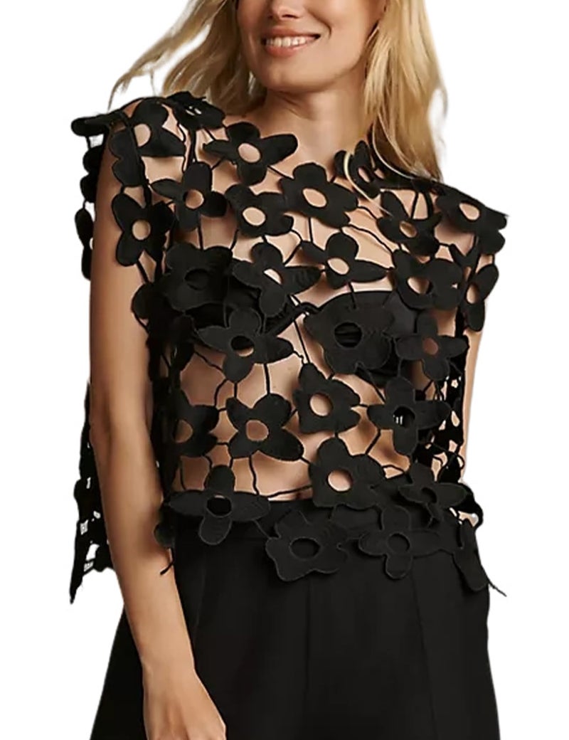 Yimoon Women's Hollow Out Floral Lace Vest Sleeveless Crewneck Cover Up Summer Going Out Tops(01Black-M) - Image 1