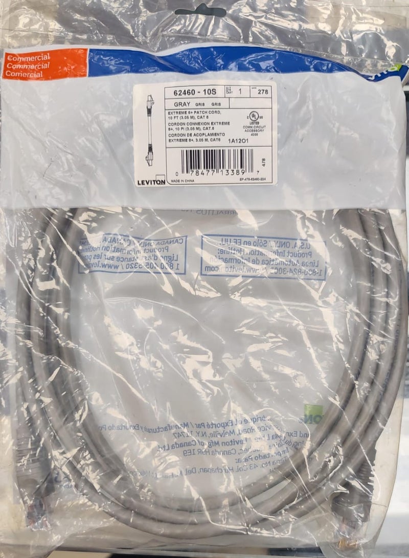 Leviton 62460-10S eXtreme 6+ Standard Patch Cord, CAT 6, 10-Foot Length, Grey - Image 2