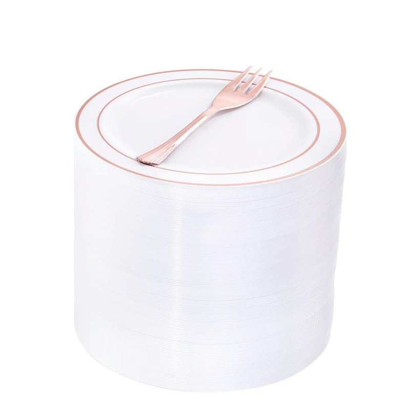 WELLIFE 240 Pieces Rose Gold Plastic Dessert Plates with Disposable Forks Includes 120 Pcs Appetizers Plates 63 inch 120 Pcs Rose Gold Forks Perfect for Party and Weddings