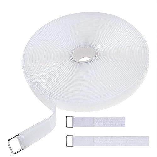 Amsthow Cinch Cable Straps Nylon Straps 39ft White 1 inch Wide Hook and Loop Roll With 50Pcs Metal Buckles Long Adjustable Management Cords Organized Cable Ties - Image 1