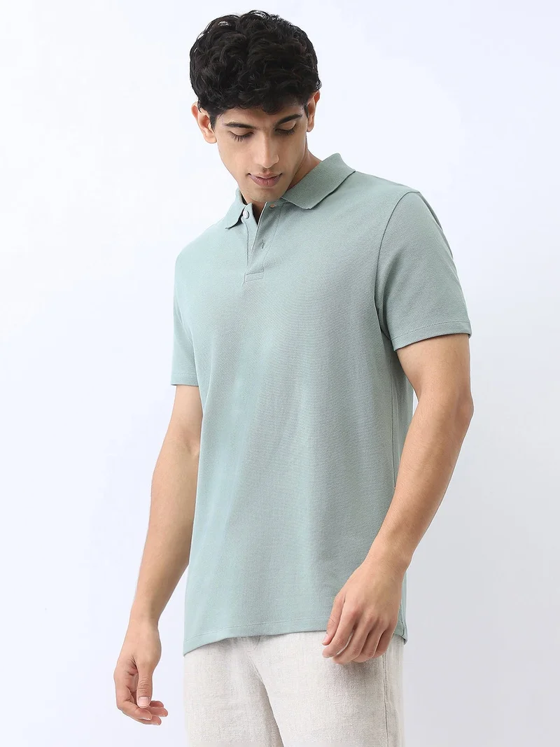 Urbano Fashion  Urbano Fashion Men's Granite Green Solid Regular Fit Half Sleeve Cotton Polo T-Shirt  | Best Price UAE