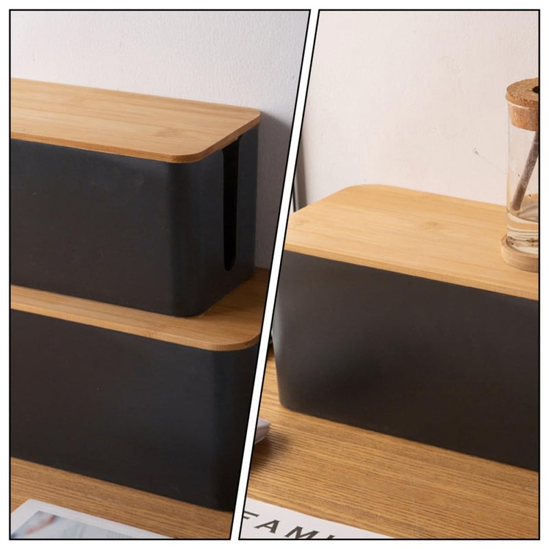 Wood Grain Black Cable Management Box Medium Wire Organizer Case For Home Office - Image 5