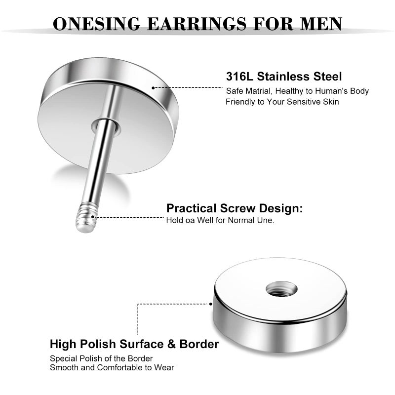 ONESING 12 Pairs Fake Gauge Earrings for Men Stianless Steel Mens Earrings Studs Round Faux Gauges Earring Piercings for Women Men - Image 3