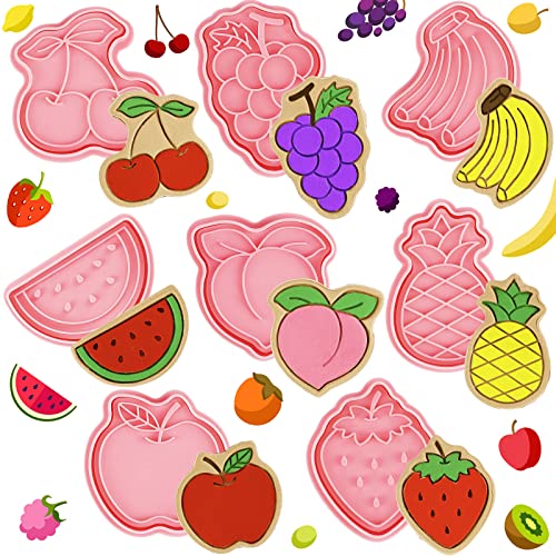 Rozer 8 Pcs Fruit Cookie Cutters with Plunger Stamps Set Christmas Fondant Cutter 3D Strawberry Apple Cherry Grape Banana Pineapple Watermelon Peach Biscuit Cookie Mold for DIY Funny Cake Baking