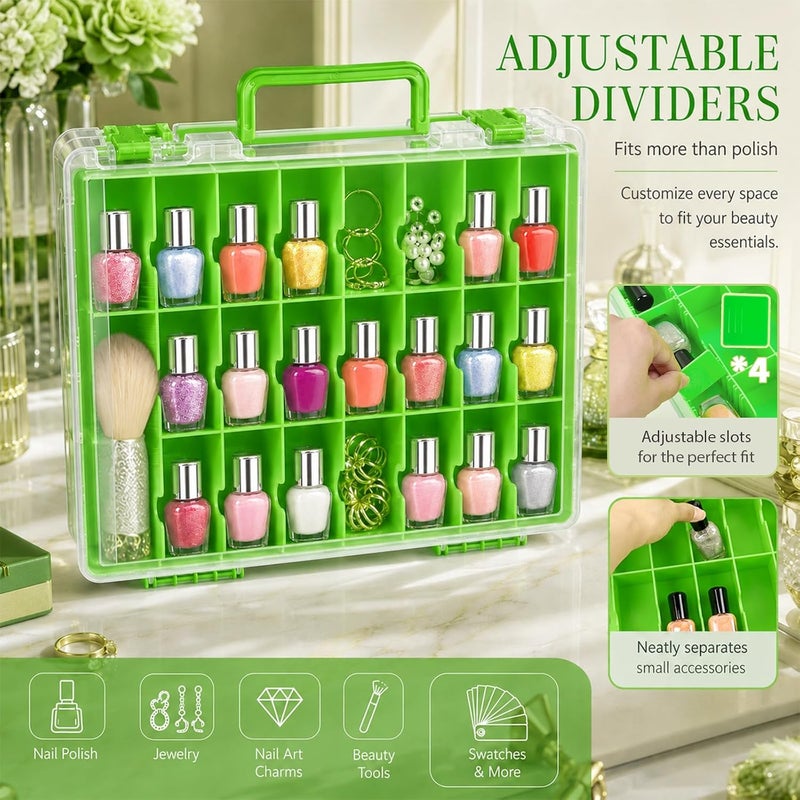 ALCYON Clear Nail Polish Organizer Case, 48-Compartment Double-Sided Nail Polish Storage Box with Adjustable Dividers, Portable Plastic Holder for Gel Polish Bottles, Nail Art Supplies, Jewelry (Green) - Image 3