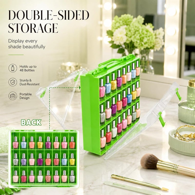 ALCYON Clear Nail Polish Organizer Case, 48-Compartment Double-Sided Nail Polish Storage Box with Adjustable Dividers, Portable Plastic Holder for Gel Polish Bottles, Nail Art Supplies, Jewelry (Green) - Image 2