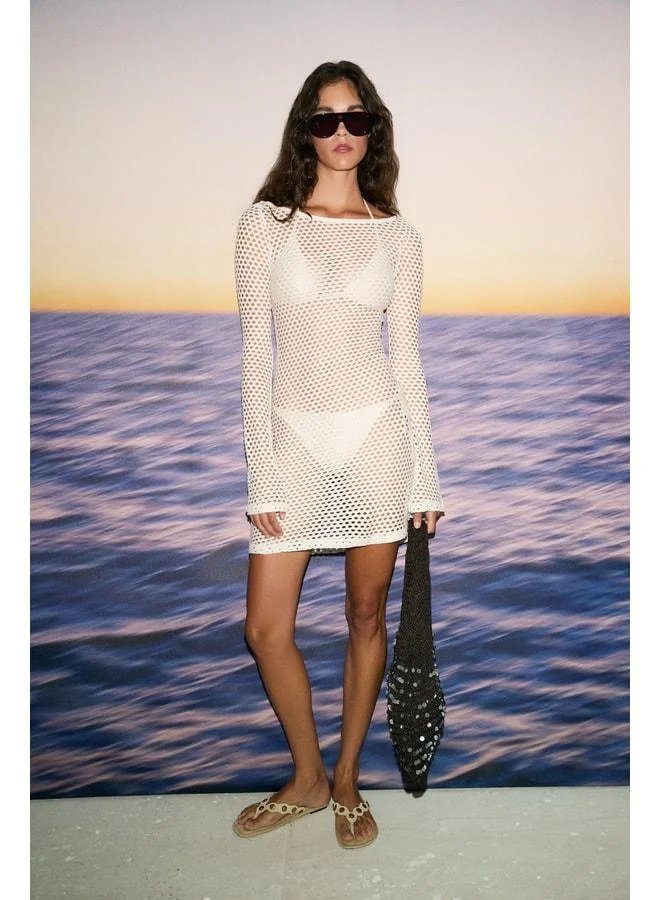 Ethiquet  FLASSE Soft and Flexible Fabric Perforated Tulle Beach Dress Transparent Mini Pareo Ecru Dress. for Women | Best Price UAE