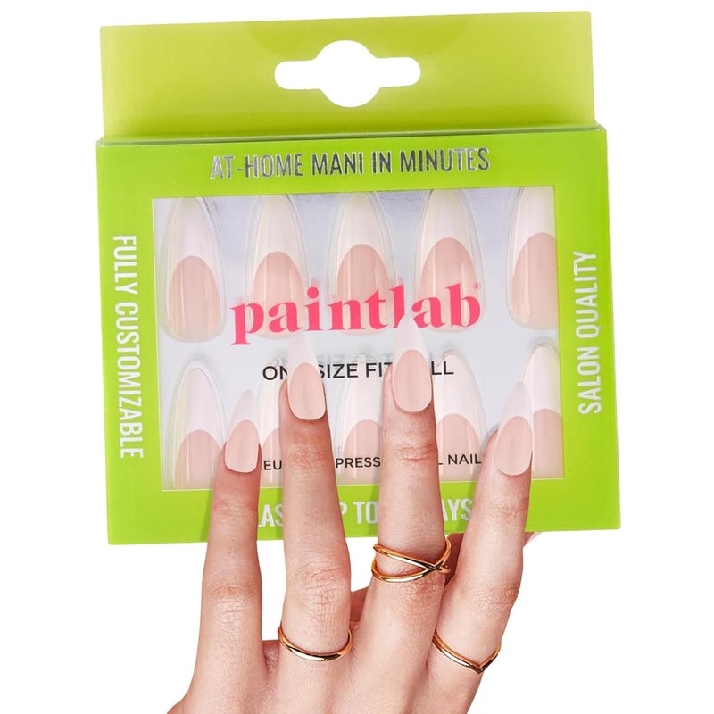 PaintLab Press-On Nails Manicure Kit, French Tip Stiletto, 24-Piece Set, Long-Lasting Fake Nails with Glue, File, Prep Pad & Cuticle Stick