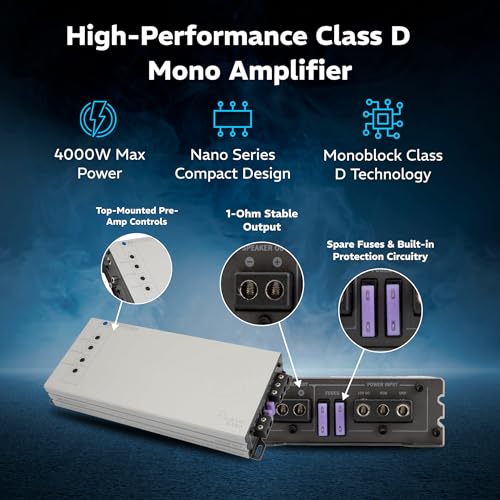 SOUNDSTREAM مضخم الصوت SOUNDSTREAM Picasso Nano PN1.4000DX أحادي القناة من فئة D – مضخم رقمي مدمج بقوة 4000 واط مع تحكم سلكي في الجهير ومدخلات عالية المستوى لمكبرات الصوت والساب ووفرز. - Image 3