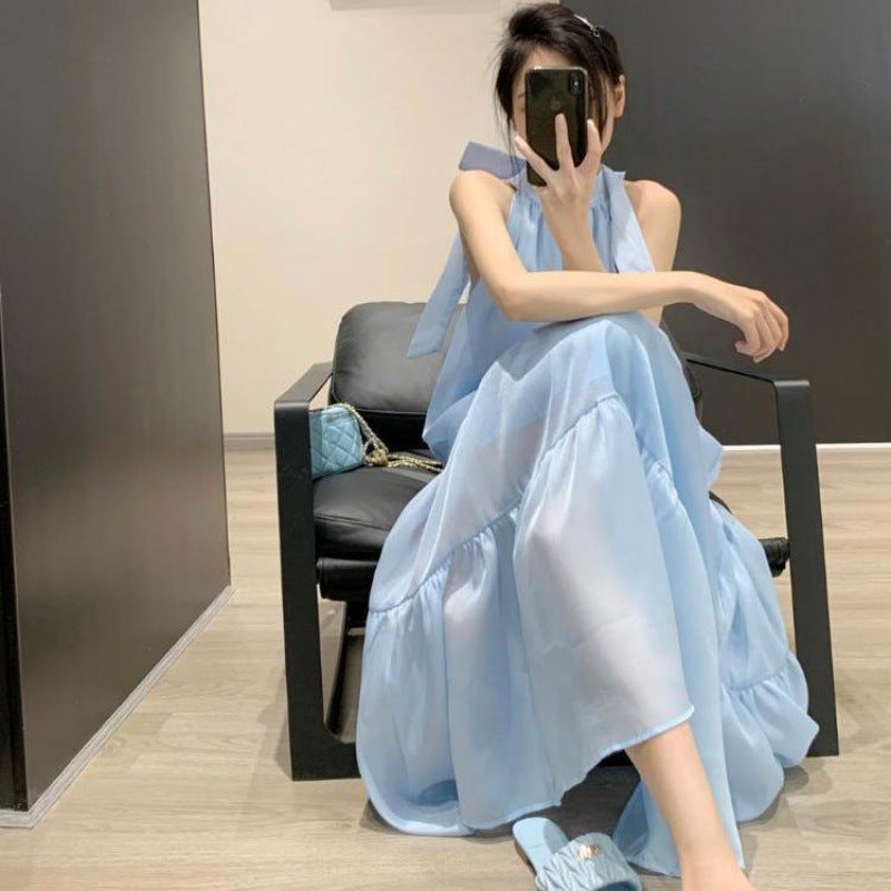 French Halter Dress Summer 2024 Sweet Age-Reducing Maxi Blue - Image 1