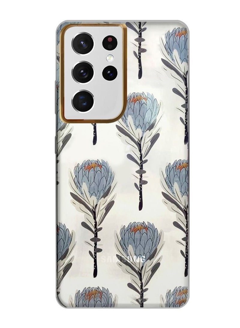 JOWAY جراب شفاف فائق النحافة مقاوم للصدمات مطبوع عليه زهور لهاتف Samsung Galaxy S21 Ultra، تصميم شفاف مطبوع عليه زهور 9 - Image 1