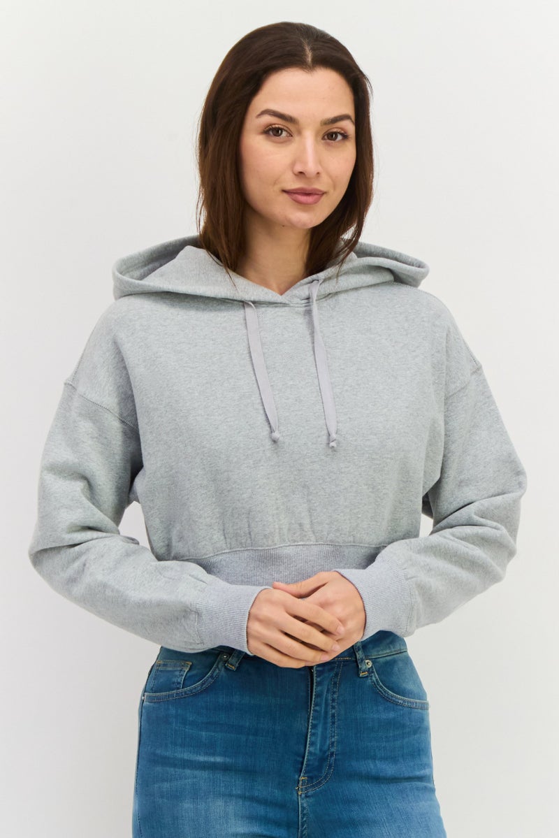 NIA Women Heather Crop Hooded Sweatshirt, Light Grey - Image 1