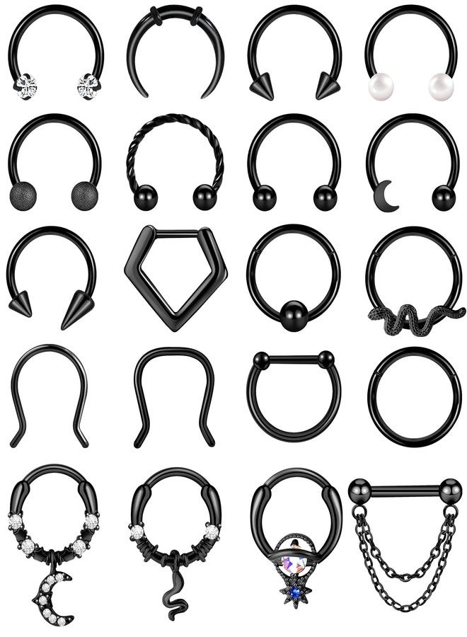 ONESING 20pcs Black Septum Rings 16G Surgical Steel Septum Jewelry Hypoallergenic Horseshoe Helix Daith Tragus Cartilage Hoop Lip Rings Septum Piercing for Women Men 10mm - Image 1