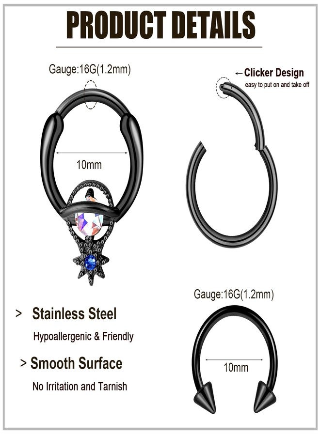ONESING 20pcs Black Septum Rings 16G Surgical Steel Septum Jewelry Hypoallergenic Horseshoe Helix Daith Tragus Cartilage Hoop Lip Rings Septum Piercing for Women Men 10mm - Image 2