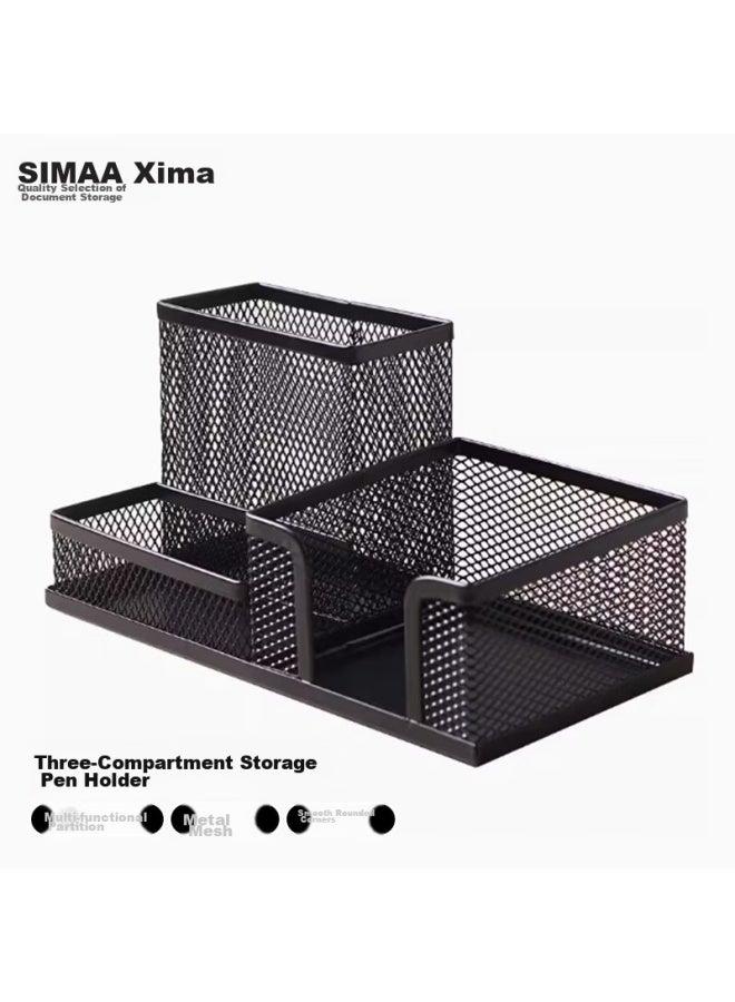 Simaa Metal Mesh Office Pen Holder, Three-compartment Multifunctional Desktop Organizer, Office Supplies, Black 7064 - Image 1