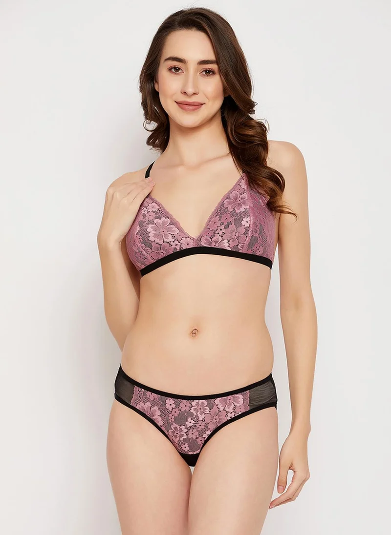 Clovia Clovia Non-Padded Non-Wired Demi Cup Plunge Bra & Low Waist Bikini Panty in Lilac - Lace