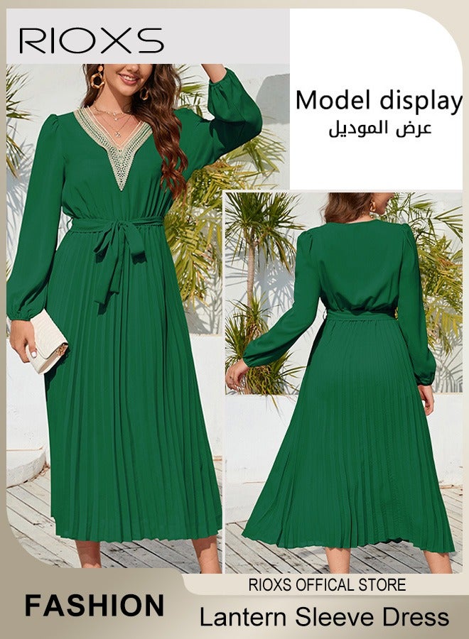 RIOXS Women's Casual Long Puff Sleeve Slim-fit Dress Lace Trimmed V-neck Pleated Mid-long Dresses with Belt  - Image 4