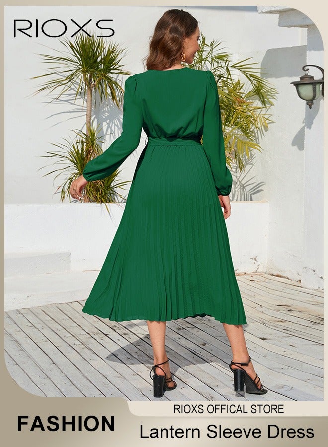 RIOXS Women's Casual Long Puff Sleeve Slim-fit Dress Lace Trimmed V-neck Pleated Mid-long Dresses with Belt  - Image 3