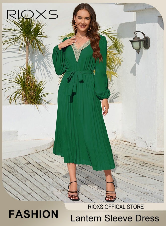 RIOXS Women's Casual Long Puff Sleeve Slim-fit Dress Lace Trimmed V-neck Pleated Mid-long Dresses with Belt  - Image 2