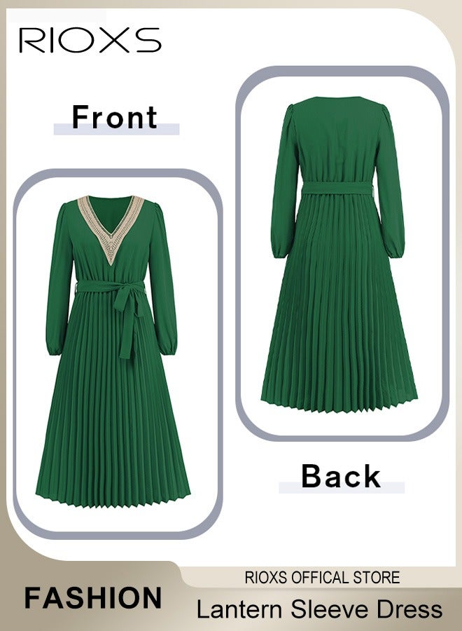 RIOXS Women's Casual Long Puff Sleeve Slim-fit Dress Lace Trimmed V-neck Pleated Mid-long Dresses with Belt  - Image 5