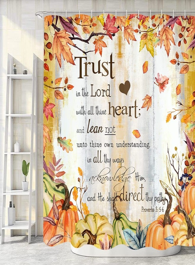 NYMB Fall Pumpkin Shower Curtain, Autumn Thanksgiving Harvest Pumpkins Inspirational Quotes Trust in The Lord Rustic Wooden Board Farmhouse Bathroom Curtain, Thanksgiving Bathroom Accessories, 72X72in - Image 2
